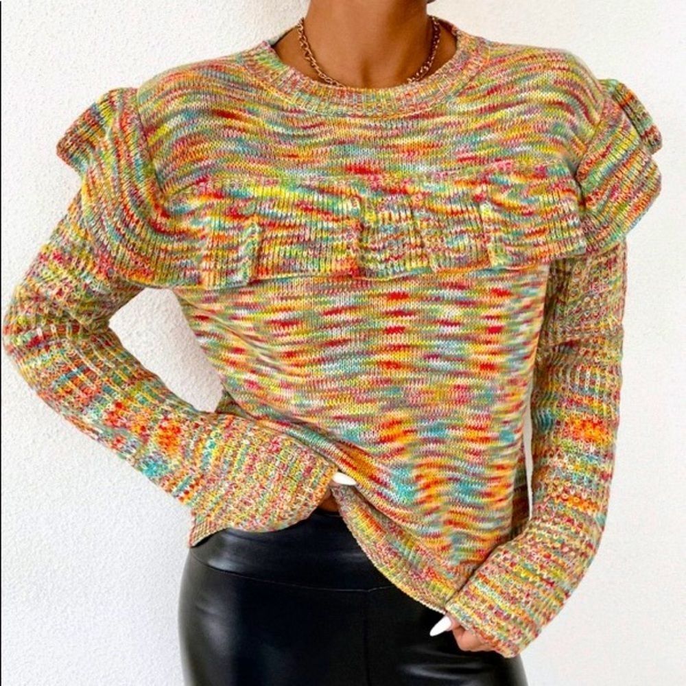 NWT! COLORFUL SPACE DYE RUFFLE TRIM CROP SWEATER!